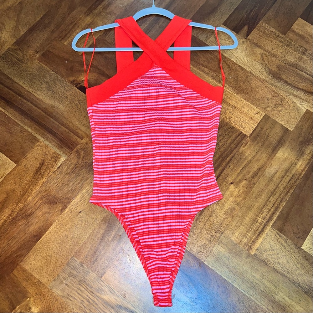 Red Pink Striped Bodysuit Zara